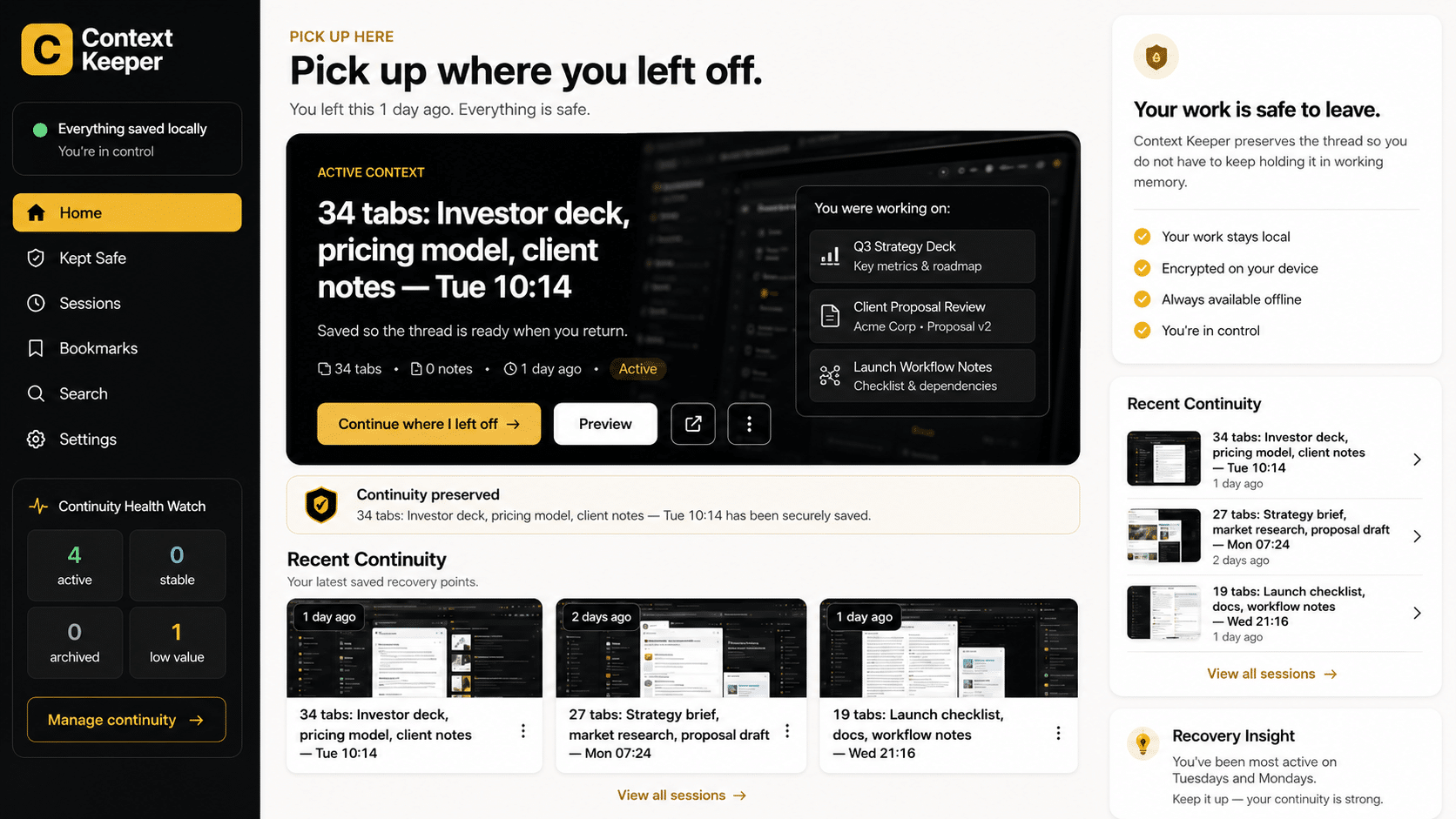 Context Keeper interface showing an active context, recent continuity points and a side panel explaining that work is safe to leave and can be resumed later.